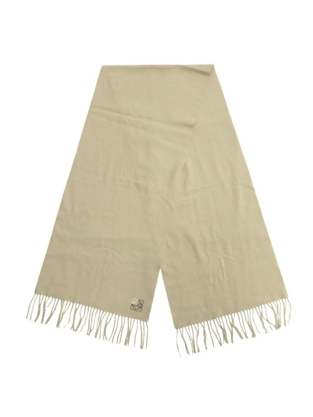 Loewe Cashmere Scarf Anagram Embroidery Logo Shawl Fringe Beige